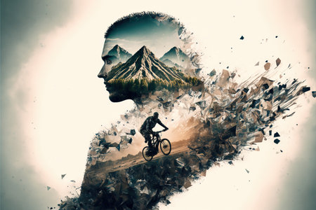 Image of double exposure silhouette biker and mountain forest landscape in creative modern abstract art. Nature and outdoor adventure or extreme sport in the wilderness concept. Superb Generative AI.の素材