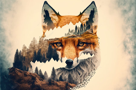 Contemporary abstract artwork double exposure of red fox and forest landscape design, concept of animal and natural wilderness adventure. Superb Generative AI.の素材