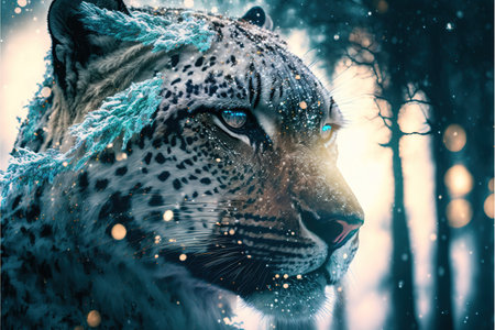 White leopard face in snow winter forest, predator in the wilderness. Creative artwork of wildlife animal. Superb Generative AI.の素材