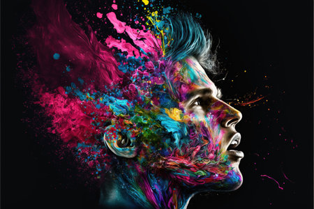 Contemporary modern abstract art man with powerful vivid color explosion on her head as symbol for inner stress and negative though for intense emotion mental health. Superb Generative AI.の素材
