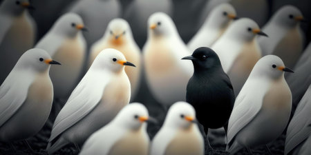 Difference concept showing by extraordinary bird standing out of the crowd. superlative generative AI image.の素材