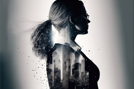 Ambitious businesswoman in black suit-clad profile with background residential city highrise buildings in double exposure, Successful businesspeople with strategic plans. Superb Generative AI.の素材