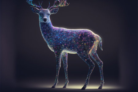 Dear with iridescent prism texture and intricate polygon pattern design. Creative abstract wild life animal in digital wireframe concept. Superb Generative AIの素材