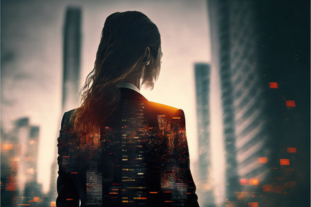 Ambitious businesswoman in black suit-clad profile with background residential city highrise buildings in double exposure, Successful businesspeople with strategic plans. Superb Generative AI.の素材