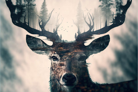 Beautiful deer in woods double exposure with natural background as concept of fertility forest and peaceful wildlife, exploring and adventure into wilderness of nature. Superb Generative AI.の素材