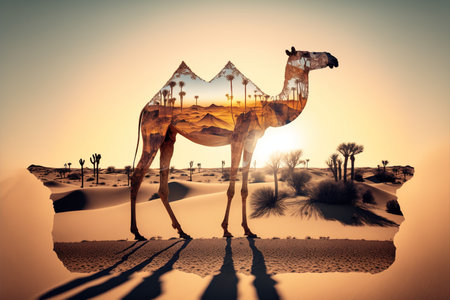Camel abstract artwork in double exposure of sahara desert, animal art with sand landscape as dromedary with nature background concept. Superb Generative AI.の素材