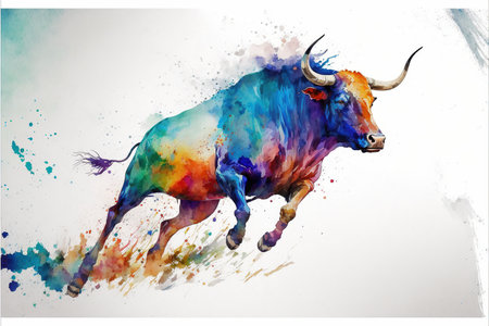 Vibrant watercolor painting showcase abstract art of vivid colorful texture fighting bull in running pose. Contemporary artwork with creative animal design. Superb Generative AIの素材