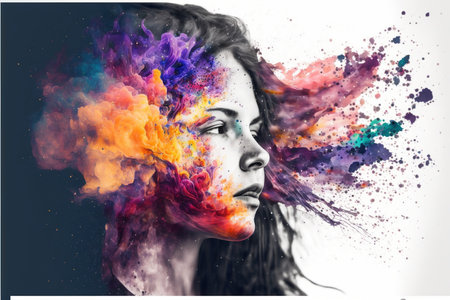 Woman with powerful vivid powder explosion on her head as symbol for inner stress and negative though for intense emotion mental health in modern abstract art design. Superb Generative AI.の素材