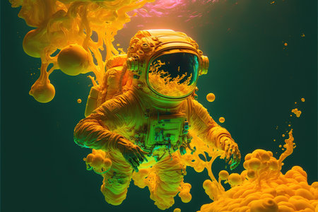 Contemporary abstract artwork of astronaut in space suit floating in the vastness of deep space and yellow fluid or smoke. Cosmic exploration or travel in state of mind concept. Superb Generative AI.の素材