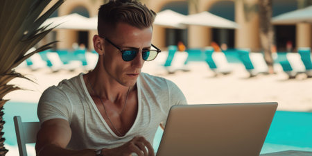 Business person use laptop computer in luxury resort hotel beach club in summer. superlative generative AI image.の素材
