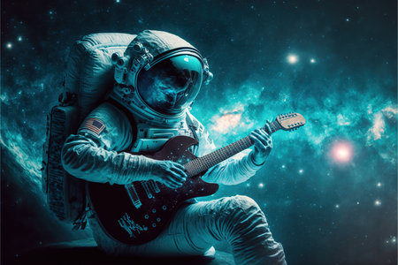 Contemporary abstract art of astronaut or spaceman floating in the vastness of space while playing guitar in dark blue universe with brighten stars and nebular background. Superb Generative AI.の素材