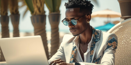 Business person use laptop computer in luxury resort hotel beach club in summer. superlative generative AI image.の素材