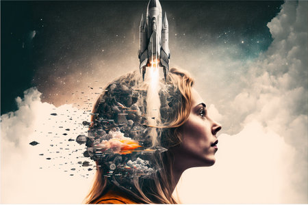 Double exposure woman portrait with space rocket takeoff and launch into sky as creative concept for business startup company symbolizing idea of company skyrocketing to success. Superb Generative AIの素材