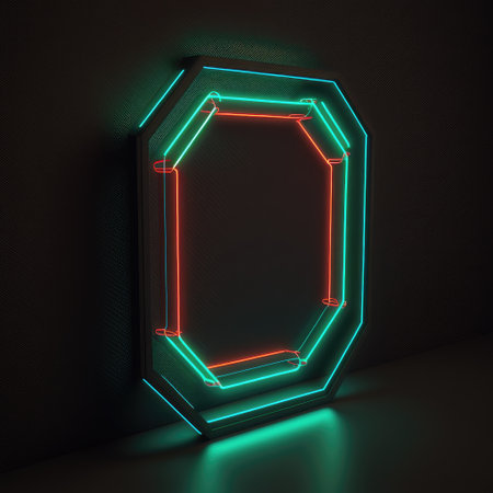 Abstract art in neon spotlight in hexagon frame isolated on black background. Concept of glowing geometric shape at night time. Finest generative AI.の素材