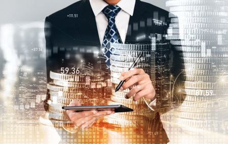 Businessman analyst working with digital finance business data graph showing technology of investment strategy for perceptive financial business decision. Digital economic analysis technology concept.の写真素材
