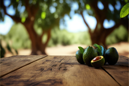 Focus empty wood table in avocado tree with blurred natural tree background. Concept of blank space for advertising product. Finest generative AI.の素材
