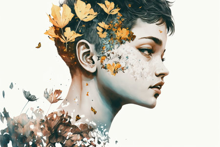 Wondrous double exposure portrait of woman in hand-painted style with watercolor of acrylics, featuring of natural decorative beautiful flowers on her head by Generative AI.の素材