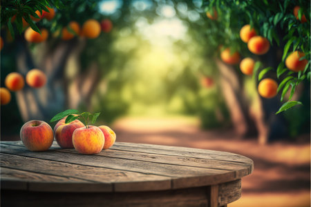 Focus peach fruit on the wood table with blurred peach tree background. Concept of blank space for advertising product. Finest generative AI.の素材