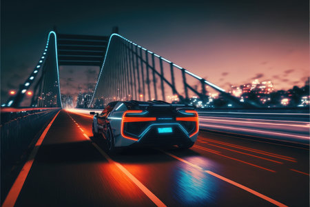 Cyber neon driving green power sport car with hybrid technology automotive in futuristic. Concept of light glowing on dark city view in night life. Finest generative AI.の素材