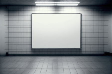 Blank advertising billboard in a large-scale square size indoor pavement with white light. Concept of the media with empty wall background. Finest generative AI.の素材