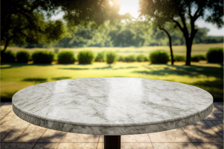 Empty marble table in natural green garden outdoor. Product placement with sunday light. Finest generative AI.の素材