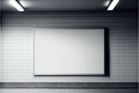 Blank advertising billboard in a large-scale square size with white light indoor. Concept of the media mounting with empty wall background in gray. Finest generative AI.の素材