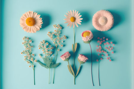 Group fresh pastel colorful flower placing on isolated blue background. Decorated by various blossom concept. Finest generative AI.の素材