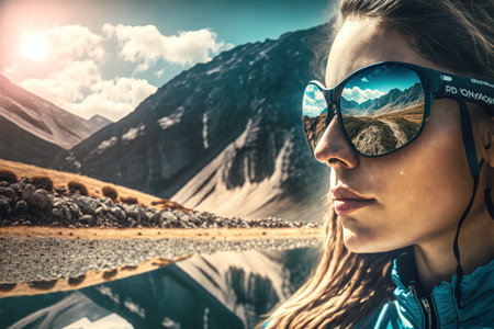 Young female cyclist portrait wearing sunglasses with wondrous reflection of natural environment of mountain landscape and beautiful sky, Fitness and extreme sport in the peak concept Generative AIの素材