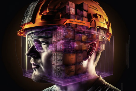 Modern sea-borne and naval engineering concept. Wondrous portrait of ambitious engineer and cargo ship with containers double exposure. Concept of supply chain and goods shipping by Generative AI.の素材