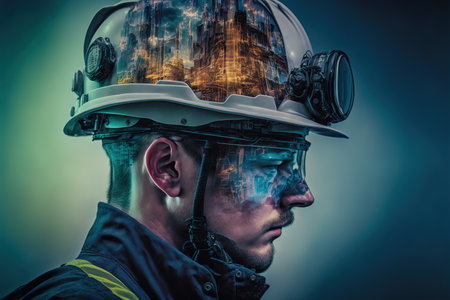 Wondrous image of modern oil refinery technology efficiently processes crude oil into valuable goods vial industrial pipeline. Engineer with hardhat portrait in double exposure by Generative AI.の素材
