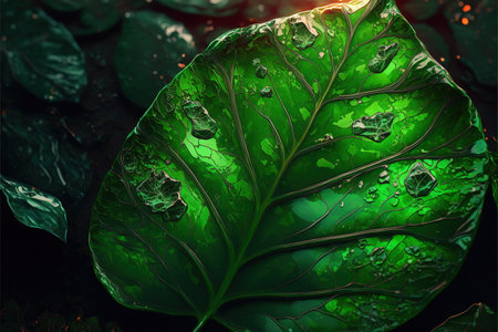 Luxurious green leaf from tropical with fantasy macro texture in glossy rock shape with wondrous fairytale natural leaves background by Generative AI.の素材