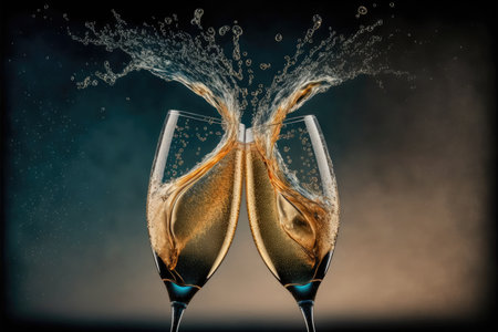 Double wine glass cheering water splash with champagne isolated on vintage background. Concept of celebrating in the party or event. Finest generative AI.の素材