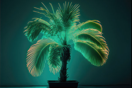 Creativity by neon palm isolated black background with reflective light. Concept of colorful and multicolored florescent lighting tree. Finest generative AI.の素材