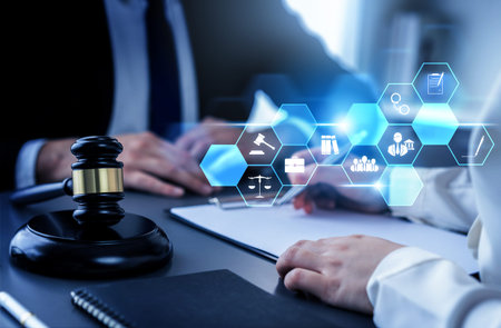 Smart law, legal advice icons and lawyer working tools in the lawyers office showing concept of digital law and online technology of astute law and regulations .の写真素材
