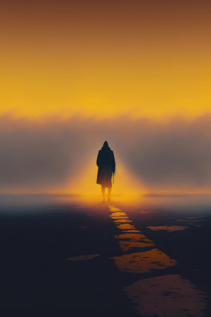 Lonely man walking in barren arid plain landscape. superlative generative AI image.の素材
