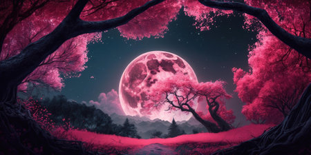Fantasy pink forest with tall trees in full moon night. superlative generative AI image.の素材
