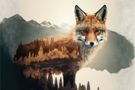 Contemporary abstract artwork double exposure of red fox and forest landscape design, concept of animal and natural wilderness adventure. Superb Generative AI.の素材