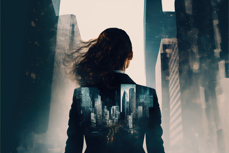 Ambitious businesswoman in black suit-clad profile with background residential city highrise buildings in double exposure, Successful businesspeople with strategic plans. Superb Generative AI.の素材
