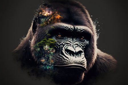 Male gorilla with powerful shoulder and strength with calmly look, large monkey in double exposure with jungle of africa as concept of animal art. Superb Generative AI.の素材