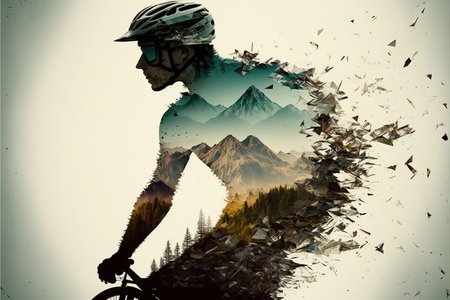 Image of double exposure silhouette biker and mountain forest landscape in creative modern abstract art. Nature and outdoor adventure or extreme sport in the wilderness concept. Superb Generative AI.の素材