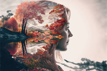 Contemporary modern double exposure portrait with woman and forest as concept of inner peace through nature in creative sense of mine abstract art. Superb Generative AIの素材