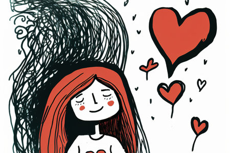 Flat design hand drawn cartoon of happy woman satisfied with love and life . Admirable Generative AI image .の素材