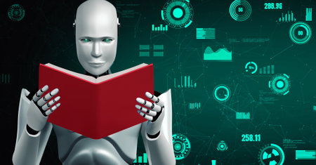 Futuristic robot artificial intelligence huminoid AI for industrial factory technology development and machine learning concept. robotic bionic science research for future of human life. 3D rendering.の写真素材