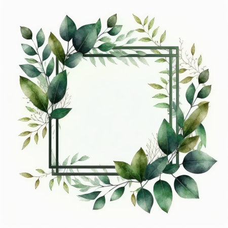 Square frame of green leaves with watercolor painting with watercolor painting isolated on white background. Theme of vintage minimal art design in geometric. Finest generative AI.の素材