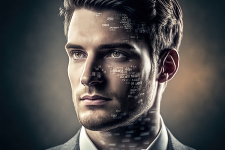 Wondrous visually business intelligence database code double exposure on portrait of pensive businessman wearing black suit as concept of modern analytic businesspeople by Generative AI.の素材