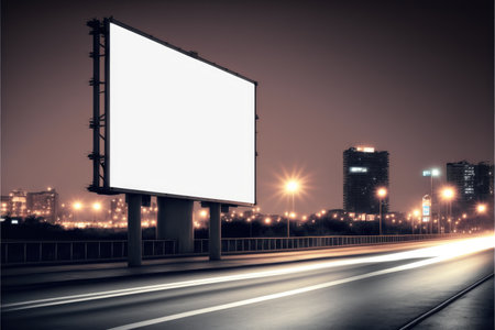 Blank advertising billboard in a large-scale square outdoor highway with white light. Concept of the media with empty screen at night time. Finest generative AI.の素材
