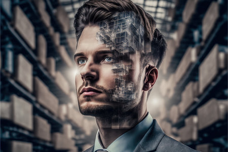 Fast-paced business environment concept warehouse with modern logistic supply chain handling for efficient storage handling with portrait of businessman in wondrous double exposure by Generative AI.の素材