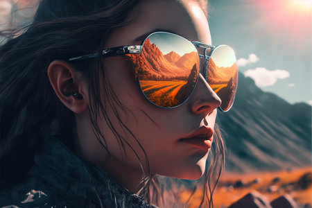 Adventure and natural travel in the wondrous mountain landscape and beautiful sky concept portrayed by young woman wearing sunglasses with reflection of the nature environment by Generative AI.の素材