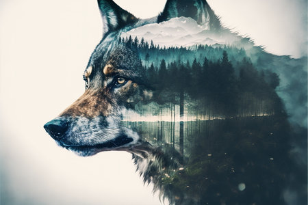 Majestic and powerful predator wildlife animal by lone grey wolf in solitude on double exposure background of wondrous natural landscape with forest and mountain by Generative AIの素材