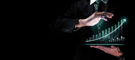 Businessman analyst working with digital finance business data graph showing technology of investment strategy for perceptive financial business decision. Digital economic analysis technology concept.の写真素材